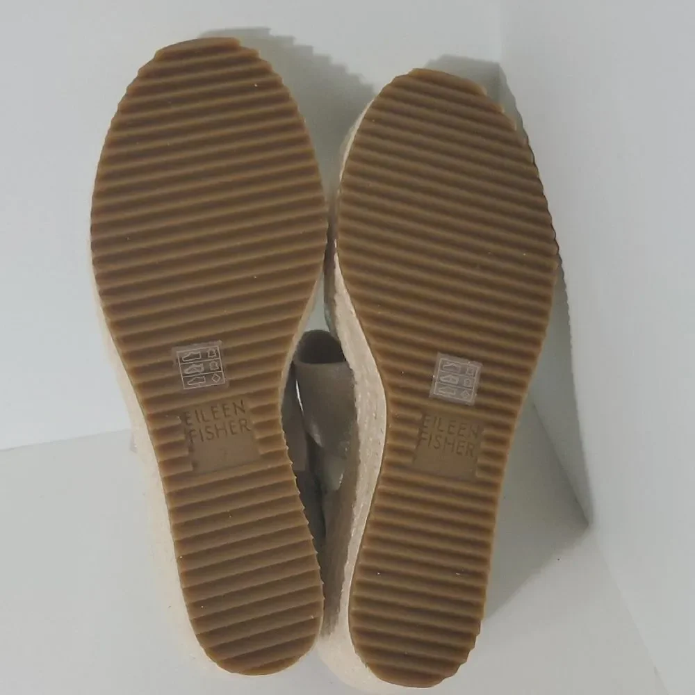 Eileen Fisher Willow Metallic Gold Platform Wedge Espadrille Sandals Women's 7